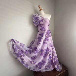 One Shoulder Lavender Floral Organza Gown Wedding Bridesmaid Formal Dress sz 12